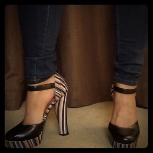 Black and Multi Stacked Heels